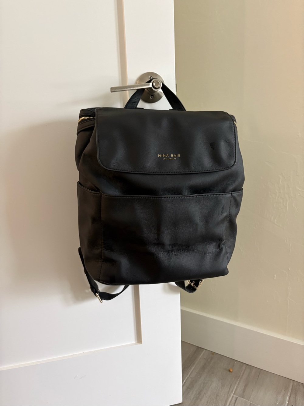 Mina Baie Black Backpack Diaper Bag with Gold Hardware